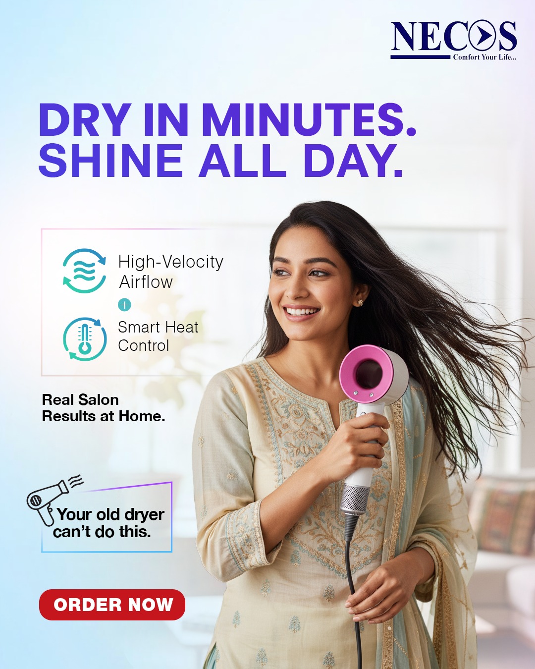 Necos Supersonic 5-in-1 Leafless Ionic Hair Dryer Salon-Grade 1600W Power | Fast Drying | Hot & Cold Air | Professional & Home Use - Image 3