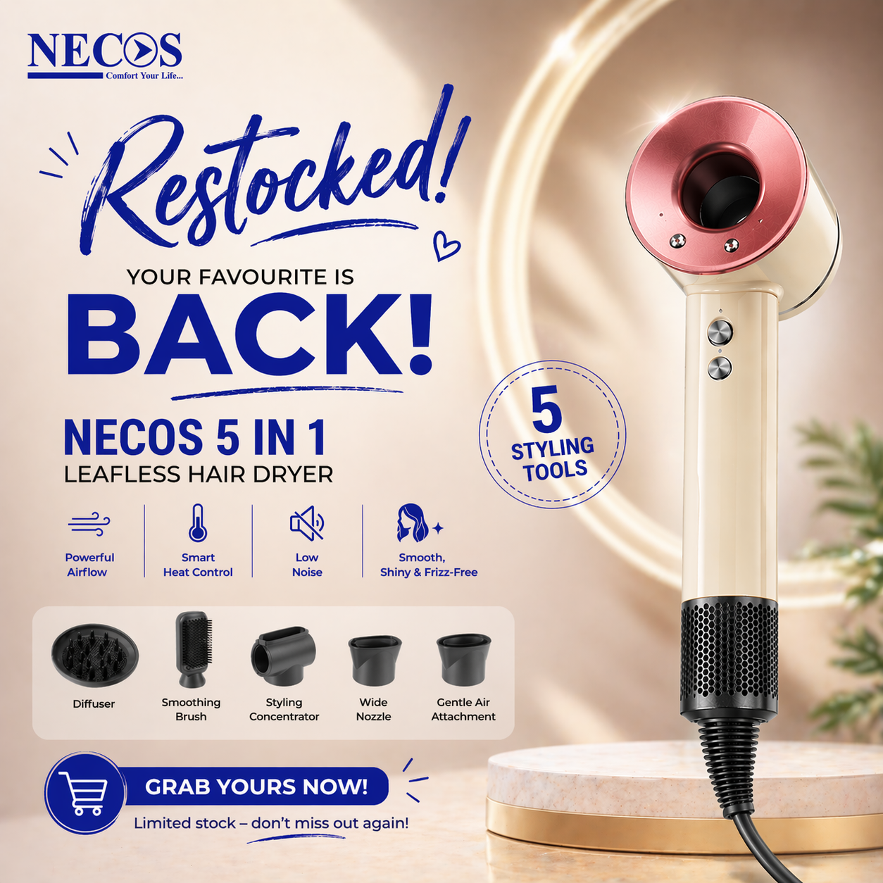 Necos Supersonic 5-in-1 Leafless Ionic Hair Dryer Salon-Grade 1600W Power | Fast Drying | Hot & Cold Air | Professional & Home Use | 1 Year Replacement Guarantee - Image 7