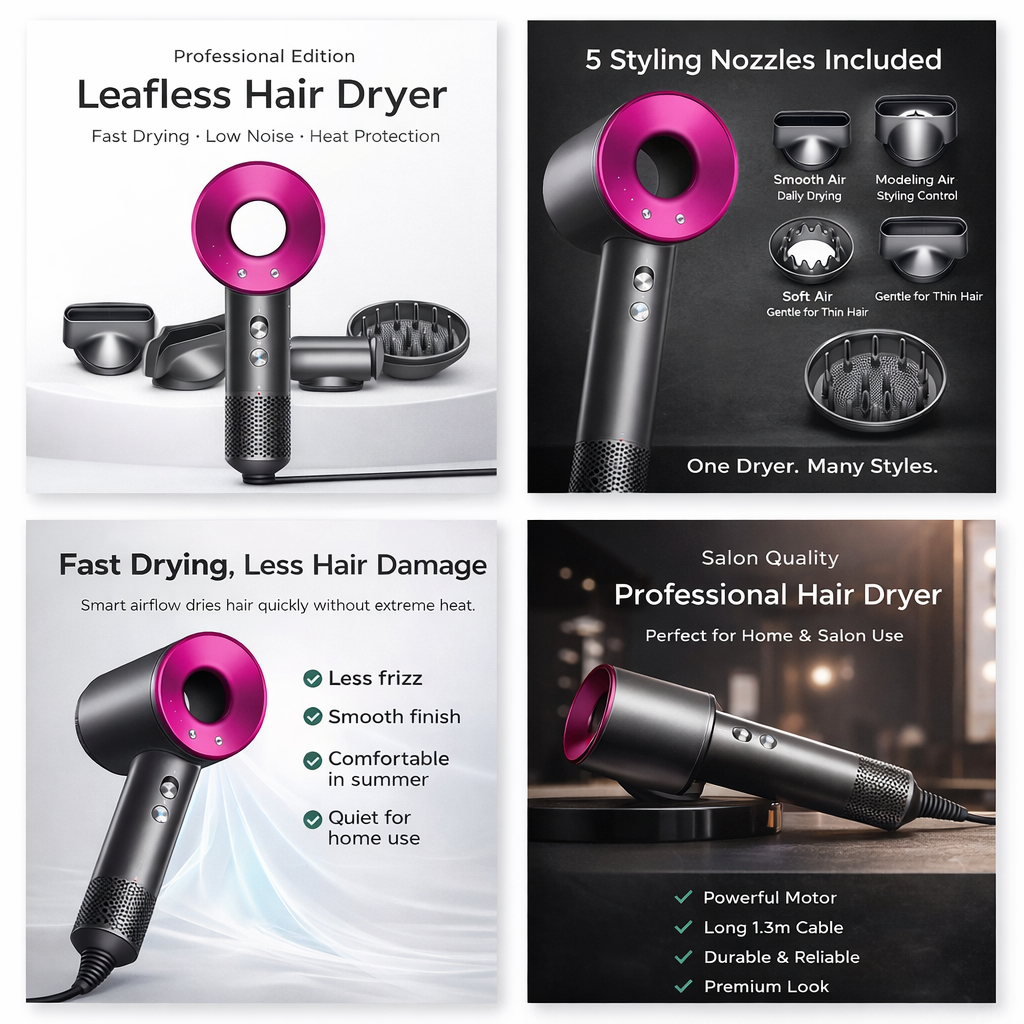 Necos Supersonic 5-in-1 Leafless Ionic Hair Dryer Salon-Grade 1600W Power | Fast Drying | Hot & Cold Air | Professional & Home Use - Image 4