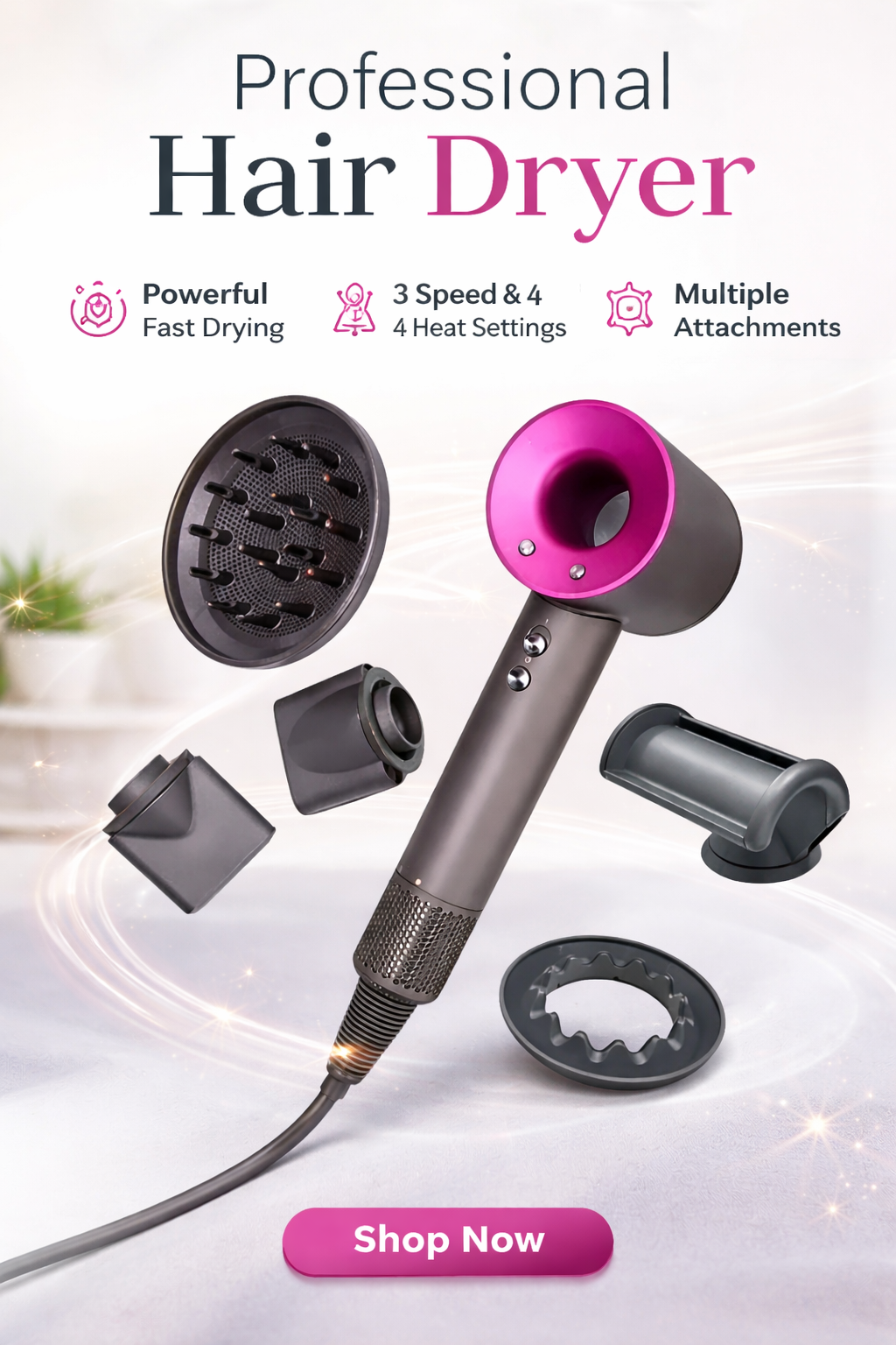Necos Supersonic 5-in-1 Leafless Ionic Hair Dryer Salon-Grade 1600W Power | Fast Drying | Hot & Cold Air | Professional & Home Use