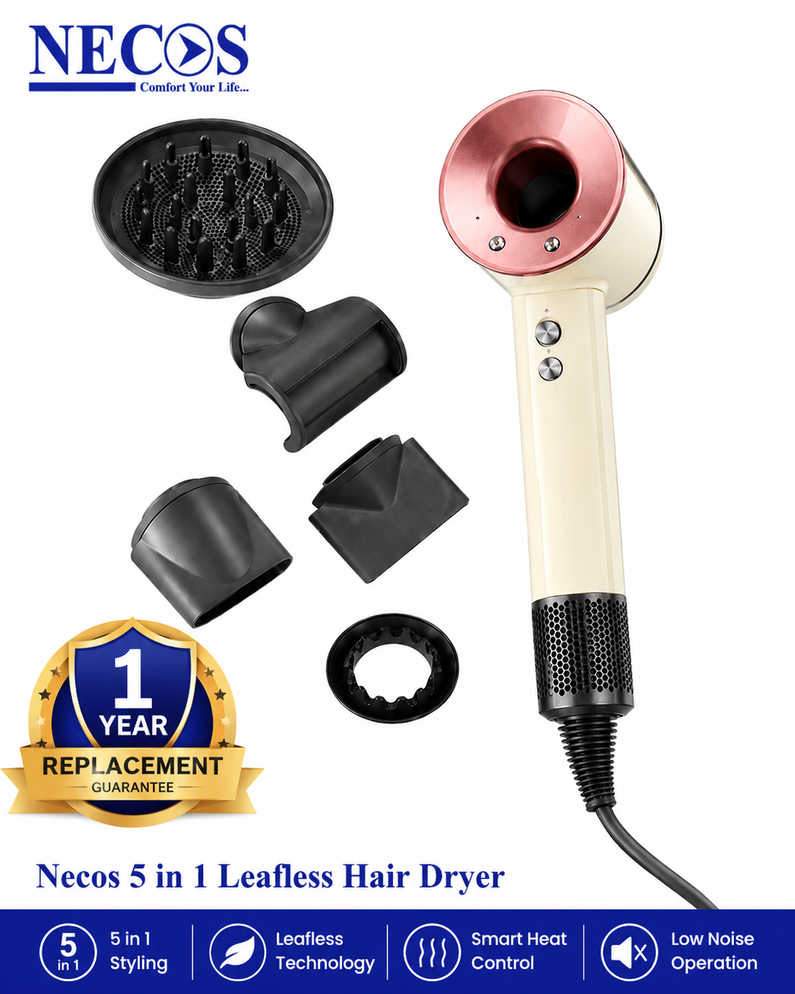 Necos Supersonic 5-in-1 Leafless Ionic Hair Dryer Salon-Grade 1600W Power | Fast Drying | Hot & Cold Air | Professional & Home Use | 1 Year Replacement Guarantee
