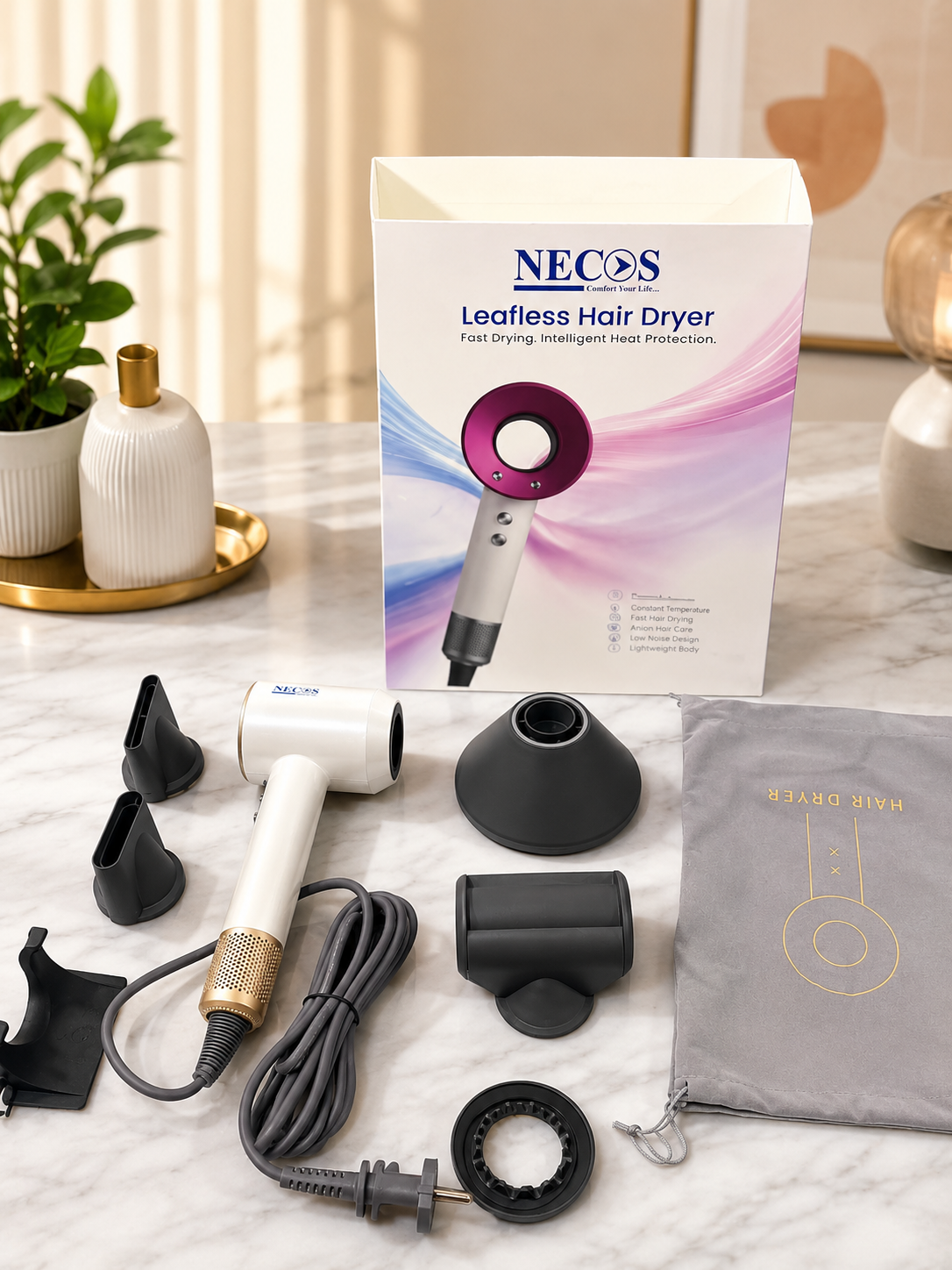 Necos Supersonic 5-in-1 Leafless Ionic Hair Dryer Salon-Grade 1600W Power | Fast Drying | Hot & Cold Air | Professional & Home Use | 1 Year Replacement Guarantee - Image 4