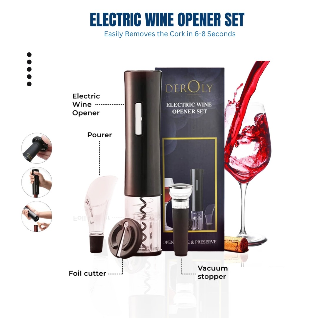 Deroly Rechargeable Electric Wine Bottle Opener – Professional Stainless Steel Automatic Corkscrew with Foil Cutter | Elegant Bar Tool & Perfect Gift for Wine Lovers